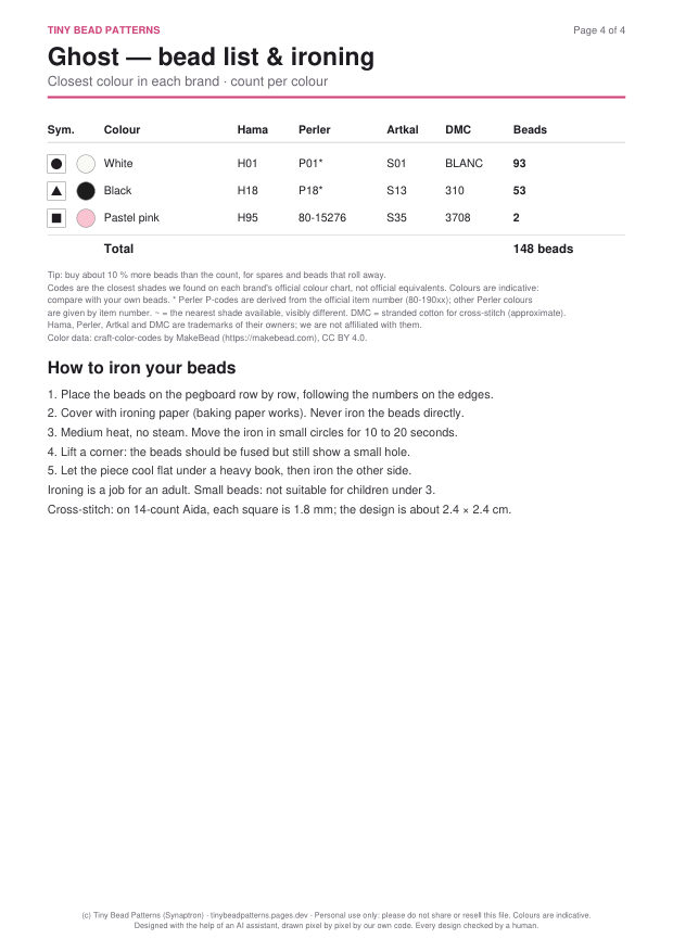 4. Bead list per colour with brand codes, ironing tips